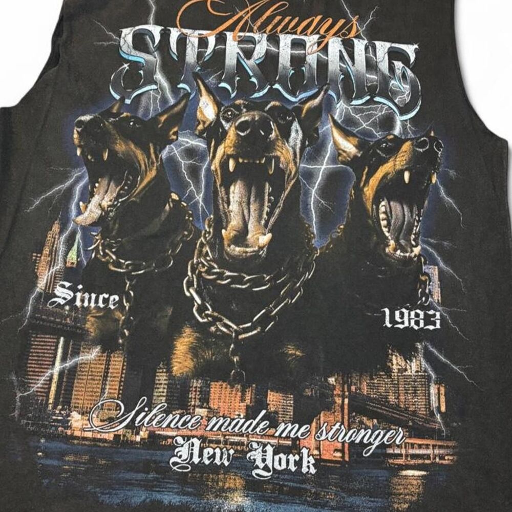 Gothic Grunge Graphic Tee Small Y2K Streetwear Edgy Dog New York Black